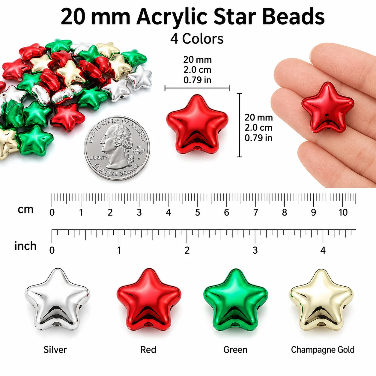 10 Stück 20mm Weihnachtsstern-Acrylperlen, glänzend, UV-elektroplattiert, metallisches Pentagramm, lose Perlen für Feiertags-DIY-Schmuckherstellung – Detail 3
