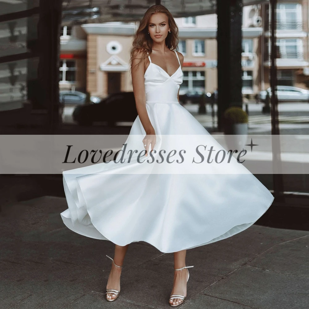 

Simple Short Satin Wedding Dresses Customized A Line Tea Length V Neck Backless Spaghetti Straps Bridal Gowns 2025