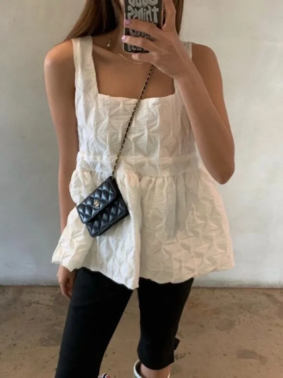 Korean Style Three-Color Gown Top with Pleated Fabric Square Collar Strap Design Elegant Atmosphere Women's Fashion Spring Au...