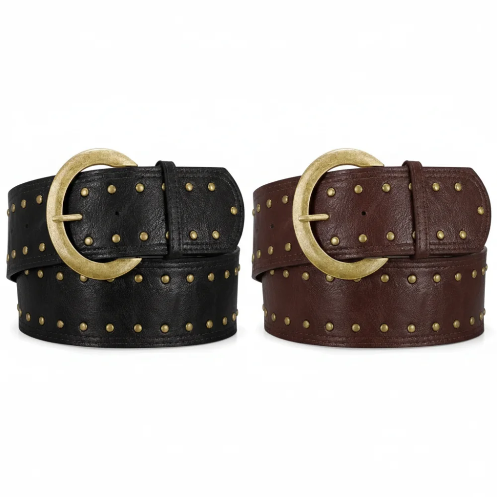 

Retro Rivet Studded Waist Belt, Oversized Gold Buckle Faux Leather Belt for Y2K, Punk & Western Looks