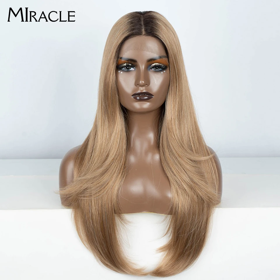 

Miracle 28 Inch Straight Ombre Brown Blonde Highlight Cosplay Lace Wigs Heat Resistant Synthetic Lace Front Wigs For Women