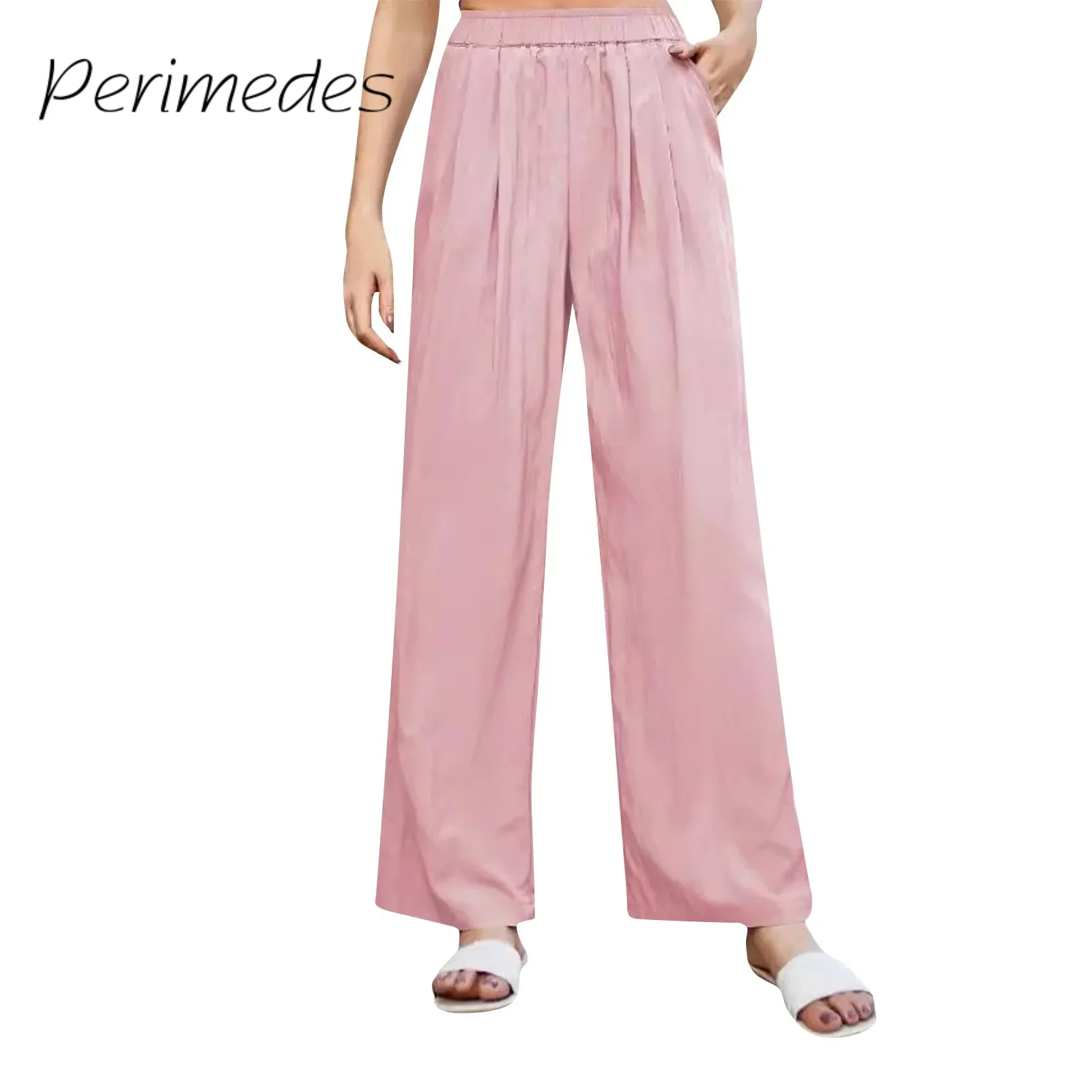 Women'S Casual Basic Trousers Wide Leg Comfortable Loose Pants Silk Pleated Elastic High Waist 2024 Summer New Stylish Pants