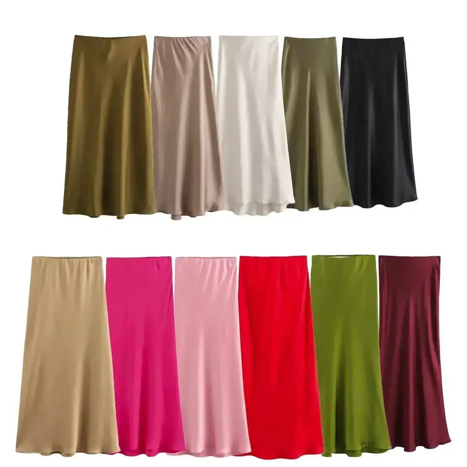 Women 2023 New Chic Fashion Satin texture Solid Slim Pleated Midi Skirt Vintage High Waist Female Skirts Mujer