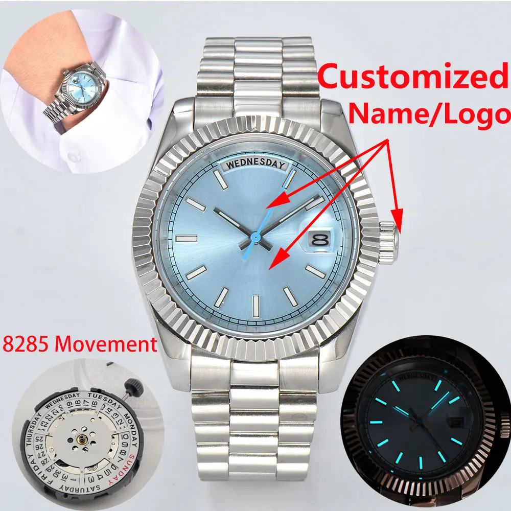 Customize Logo Luxury Men\'s Watch 8285 Movement Dual Calendar Dial 316L Stainless Steel Case Sapphire Glass Silver case Custom W