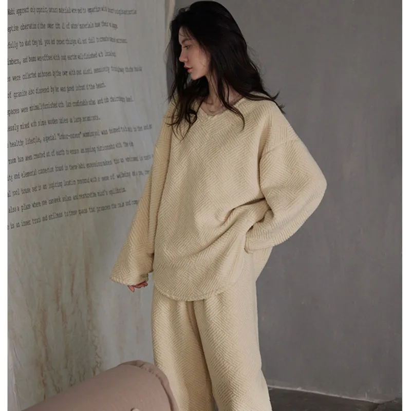 2023 Winter New Sleepwear Women\'s Coral Plush Loungewear Thickened Warm Loose Homewear Fur Flannel Round Collar Nightwear Set