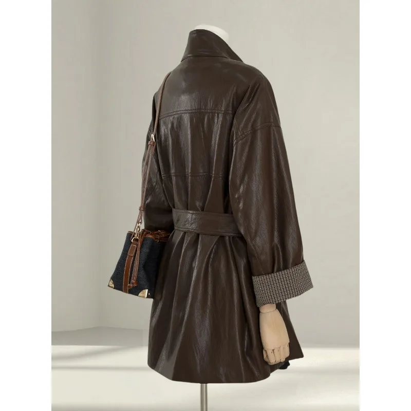 高級コーヒーブラウンレザージャケット レディース 春秋シーズン新作 ルーズフィット 細見え タイフロント エレガントPUレザージャケットトップ