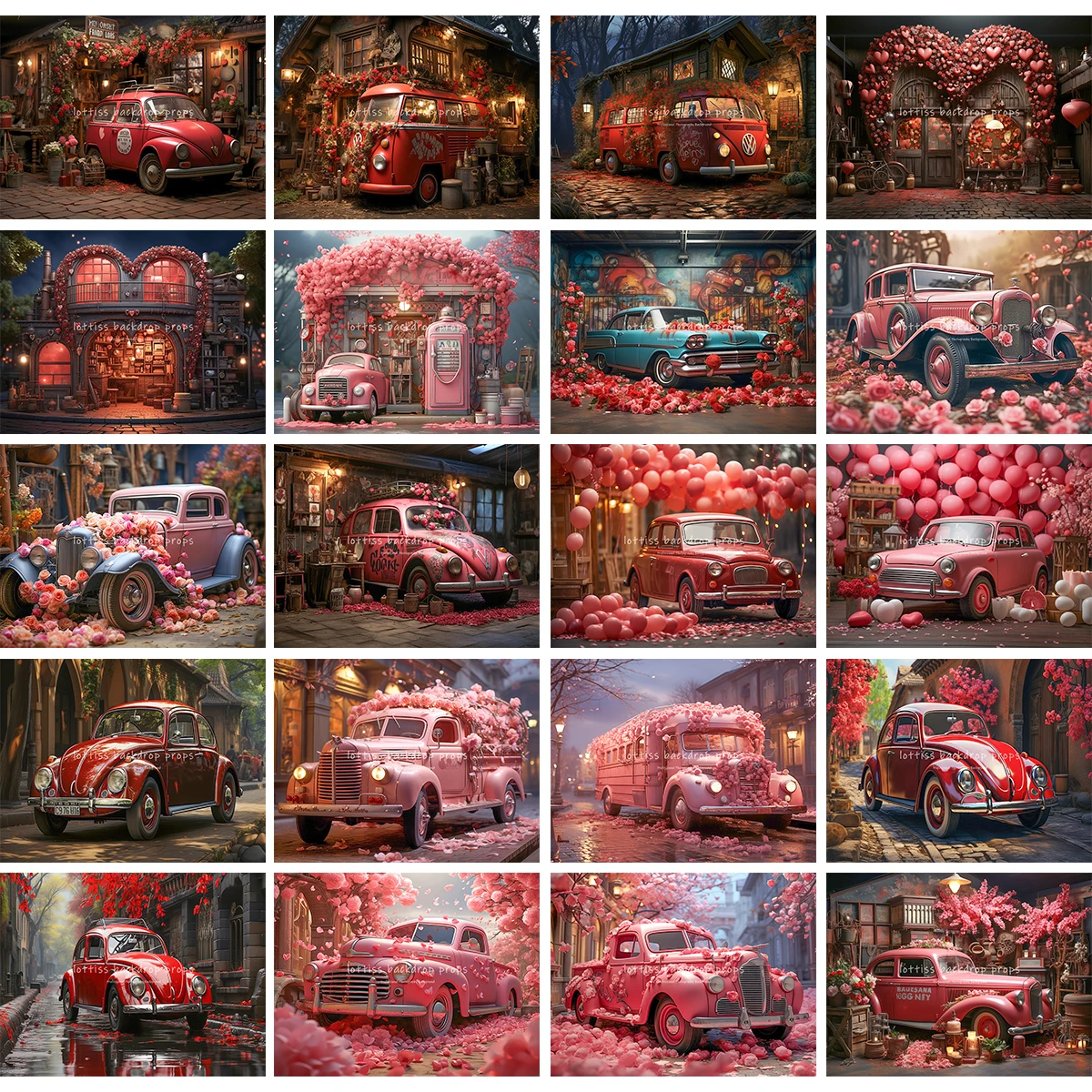 

Valentine's Day Cute Bus Backdrops Kids Girl Photography Props Child Adult Photocall Decors Floral Rose Garage Backgrounds