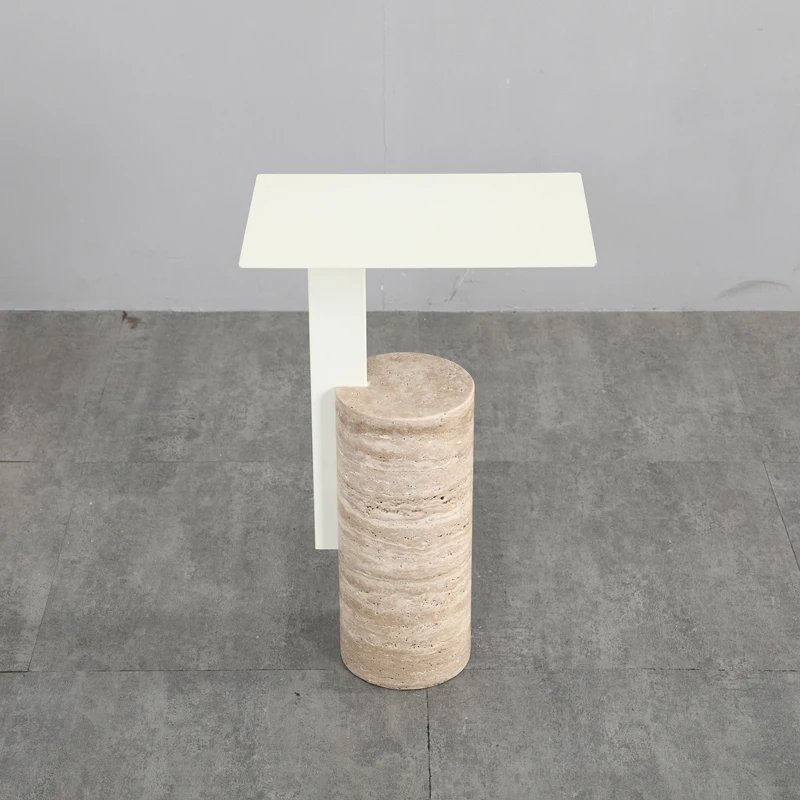 

Nordic wabi-sandy wind natural travertine edge table living room sofa wrought iron small coffee table designer side