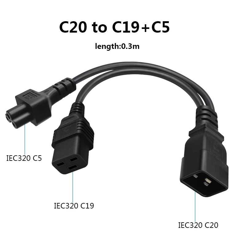 Server PDU UPS 0.3M Extension Cable IEC320 C20 Plug to C5 C19 Connector Conveter Cord Line Y Splitter Wires For Power Supply