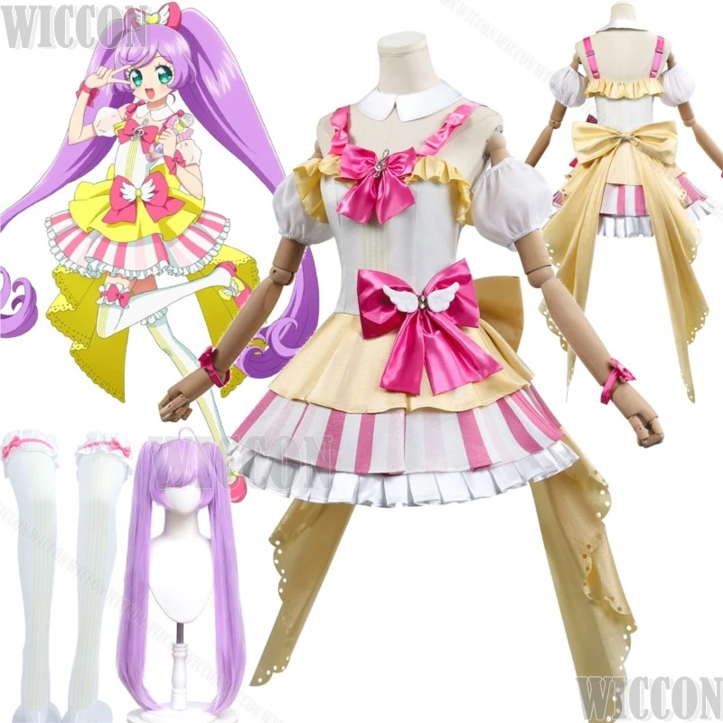 

Anime PriPara Manaka Laala Cosplay Clothes Yellow Pink Lolita Dress Purple Wig Woman Kawaii Suit Halloween Comic Con Festival