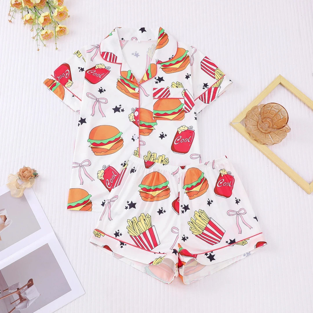

Women Christmas Themed Pajama Set with Hamburger and fries Lapel Short-sleeved and Short Pants T Loungewear Home Wear Gifts
