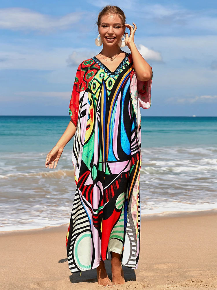 Vestido maxi estampado boêmio, kaftan multicolorido, encobrimento de maiô, túnica para estilo praia, novo, 2022, tamanho grande