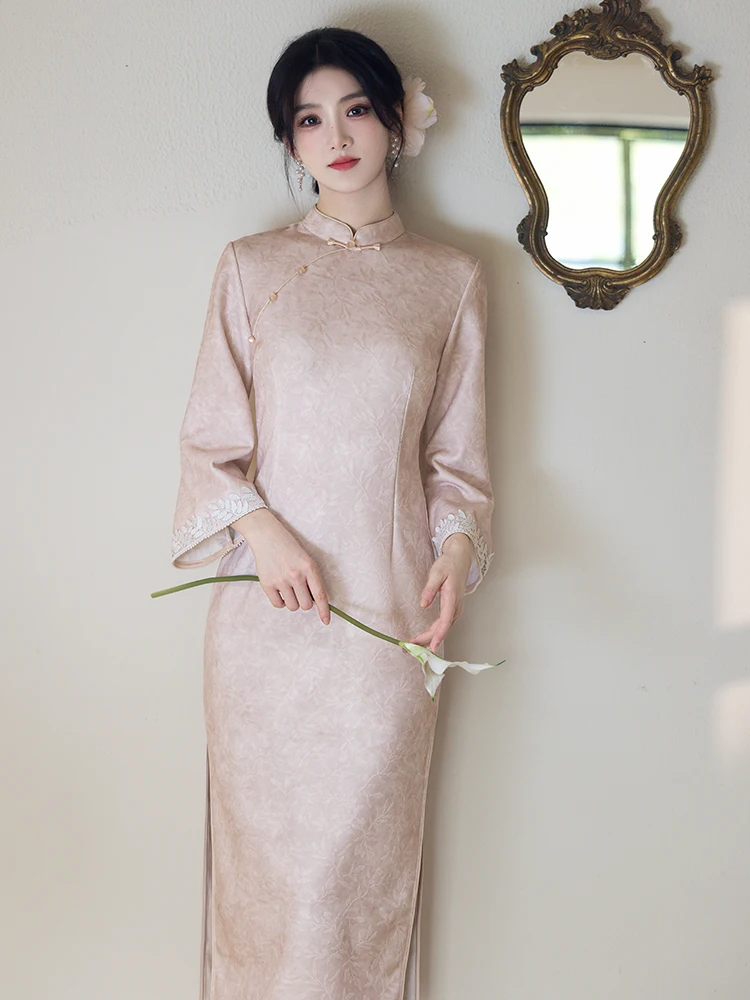 

Ele Long Pink Reformed Qipao Young Sle Slimming Daily Wear High-End Feeling Seven Sve Length Polyester Fiber