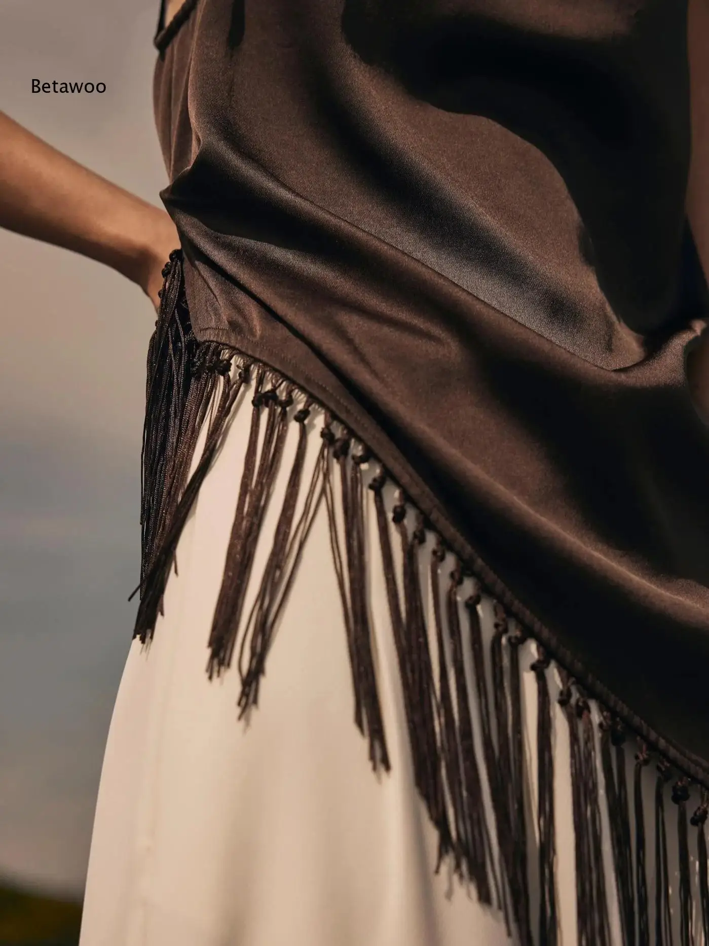 Women Satin Cowl Neck Sleeveless Asymmetric Tassel Fringe Hem Top Draped Hanky Hem Loose Boho Blouse for Daily