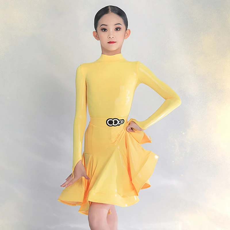 

Детское платье для латинских танцев для соревнований, сценическая одежда для девочек, глянцевый танцевальный костюм с высоким воротником и длинными рукавами, желтый цвет, AMY3269