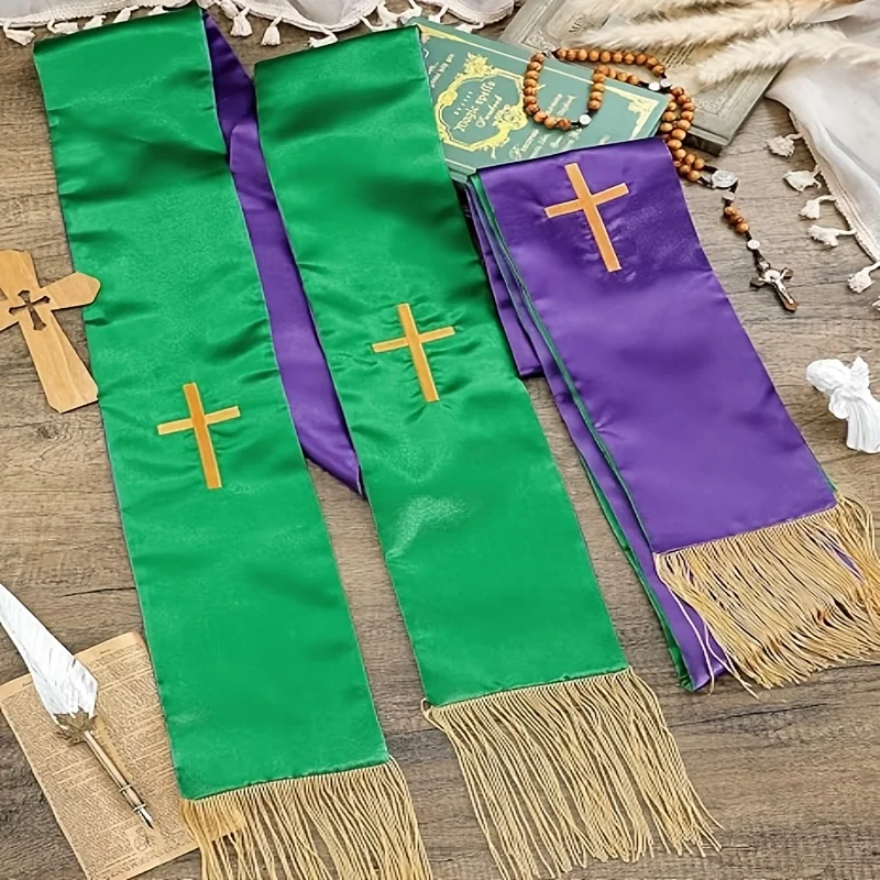1Pcs Unisex Reversible Clergy Shawl Cross Embroidery Pattern With Tassels Priest Church Liturgical Stole