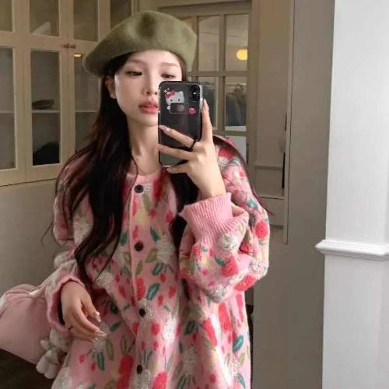 Women's Autumn Winter Tops Sweater Knit Flower Sweet Big Size Vintage Simple Comfortable Casual Advanced Soft Niche Versatile 4