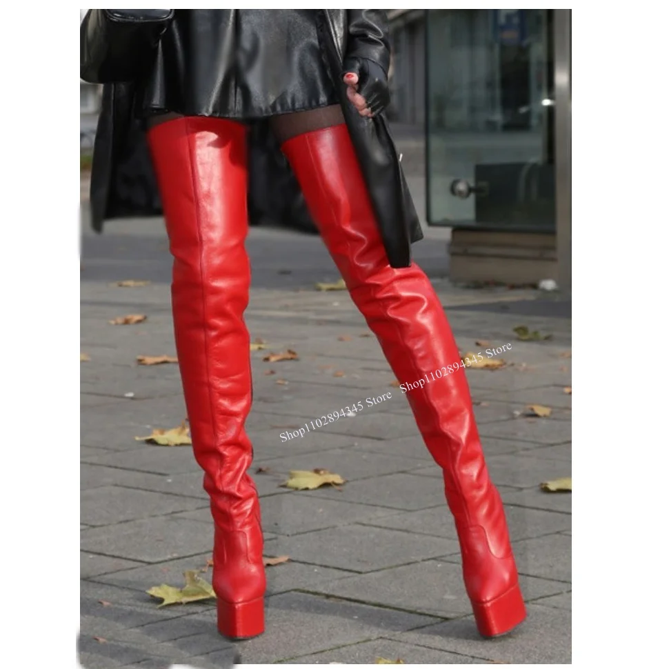 Red Over Knee High Platform Boots Thin High Heel Pointed Toe Fashion Sexy Cool 2024 Winter Big Size Woman Shoes Zapatillas Mujer