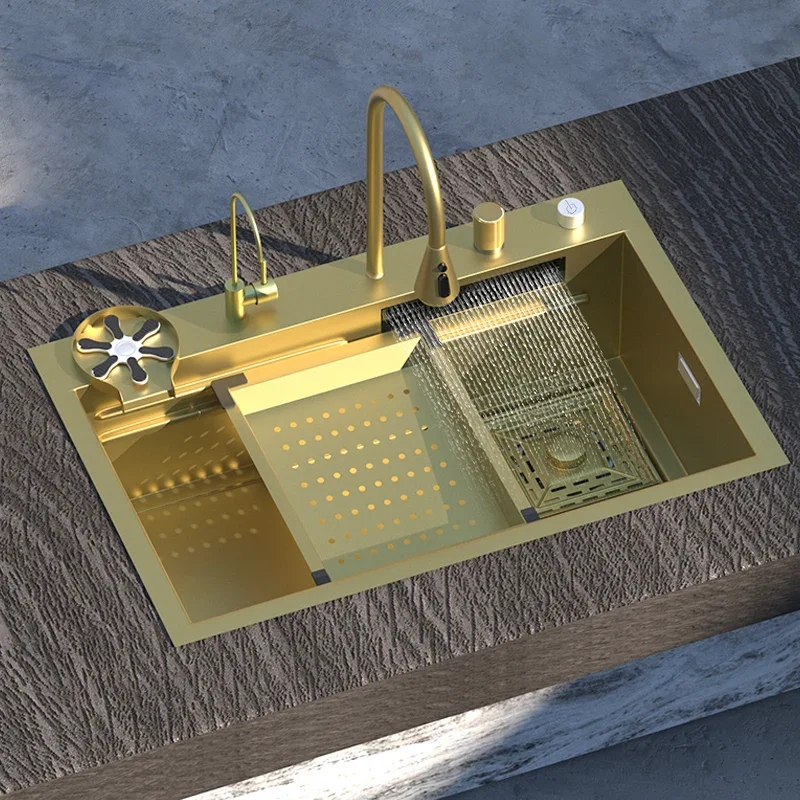 

Waterfall Golden Kitchen Sink Stainless Steel Washbasin Large Single Slot Undercounter Basin Right Side Down