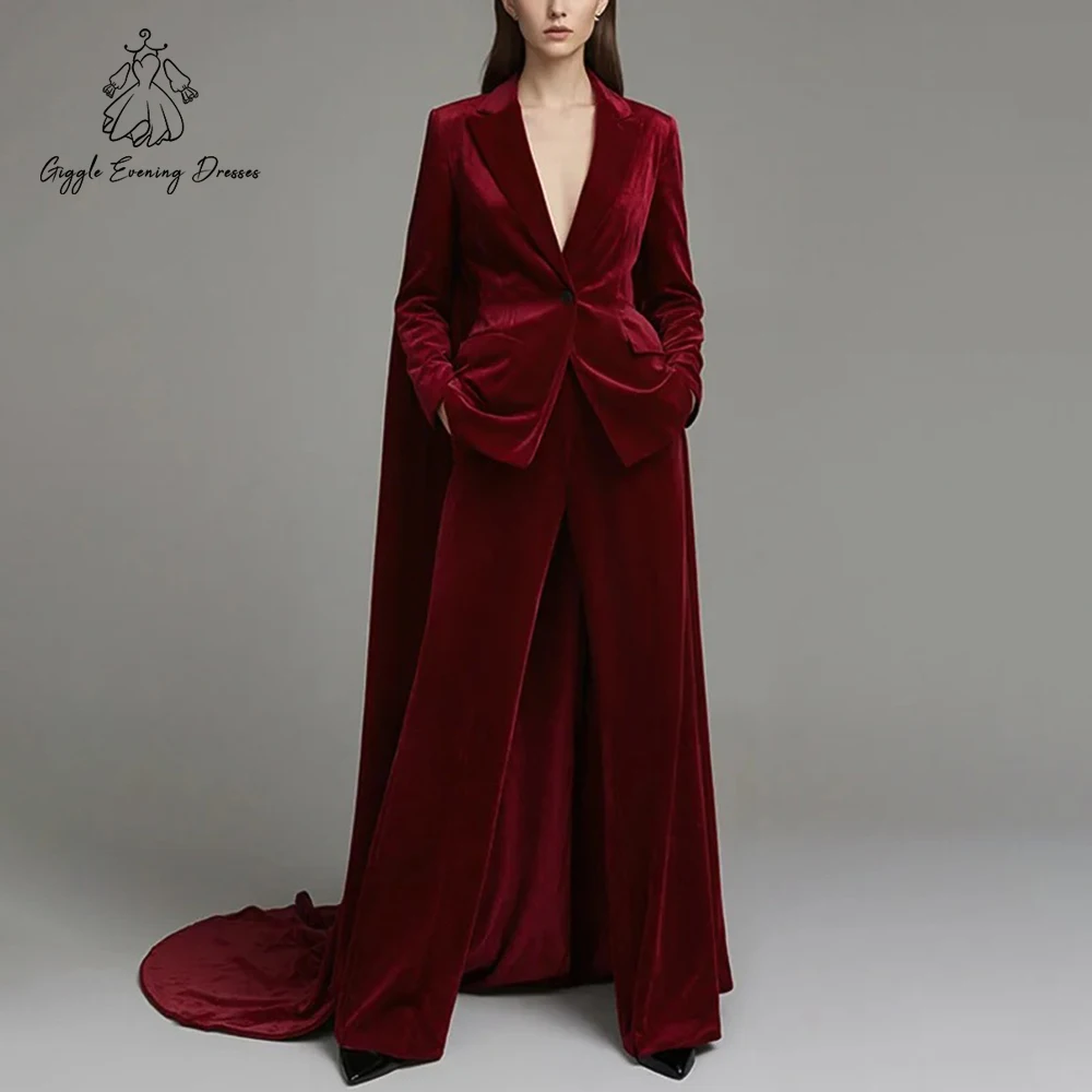 

Burgundy Velvet Evening Dress Blazer Set Deep V-Neck Long Sleeve Elegant Peak Lapel 2 Pieces (Jacket + Flared Pants) Customized
