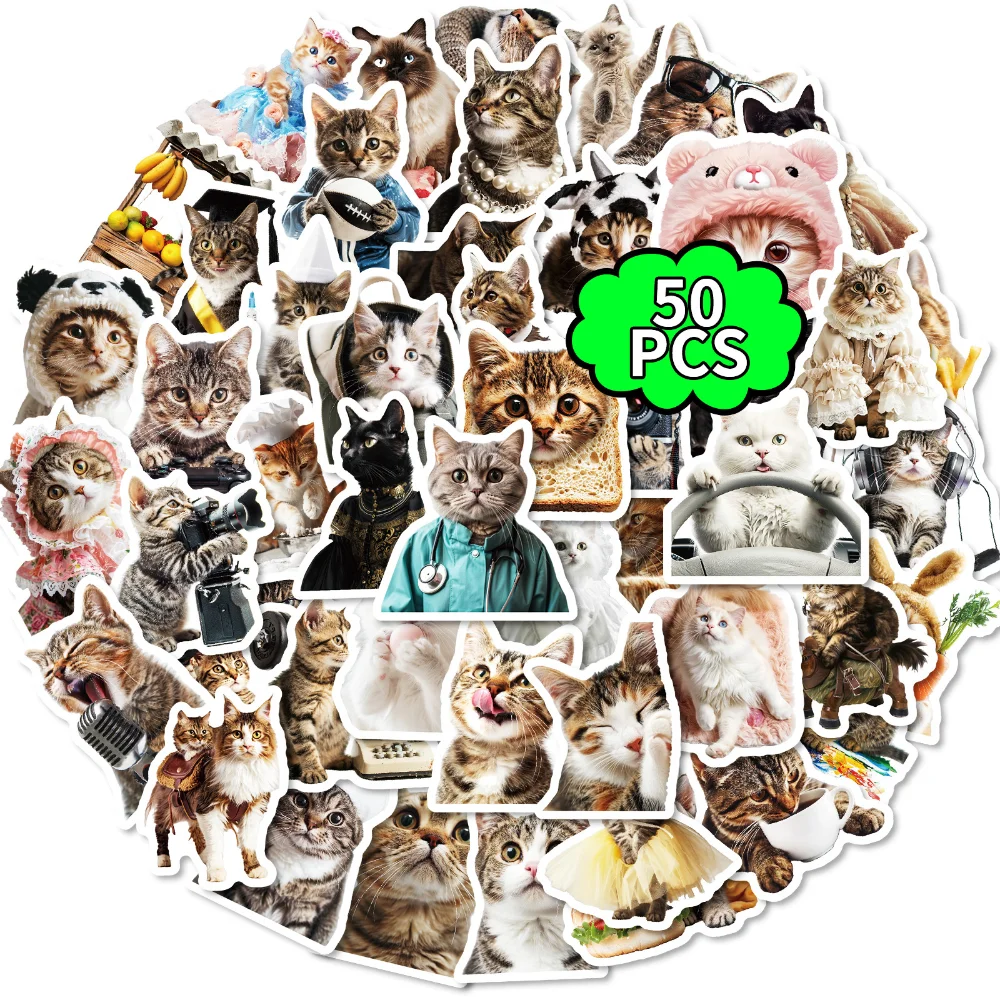 10/50pcs Realistic Cute Internet Celebrity Cat Meme Pack Animal Stickers Decoration Notebook Water Cup Guitar Toy Scrapbook Gift