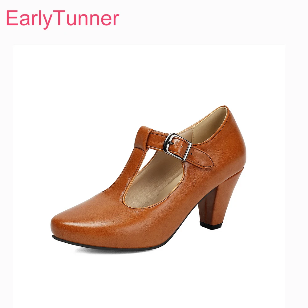 

2026 Summer T-Strap Pumps for Women Round Toe 7cm High Spike Heels Office Lady Shoes Large Plus Size 11 45 Non-slip