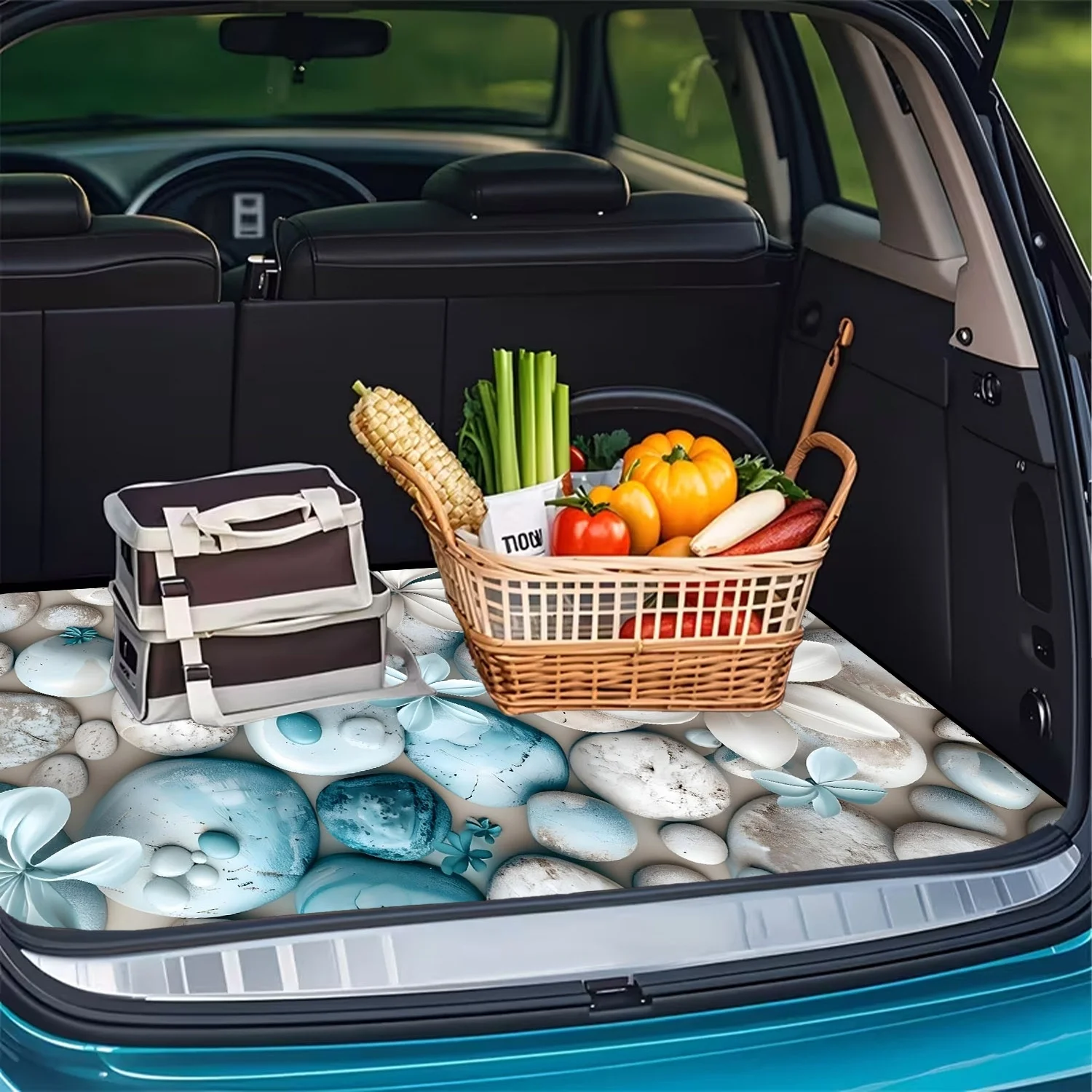 1pc Blue And White Floral Stone Serene Scene Pattern - Car Trunk Mat, Keeps Your Vehicle Clean, Durable, Trunk Liner, Car Carpet