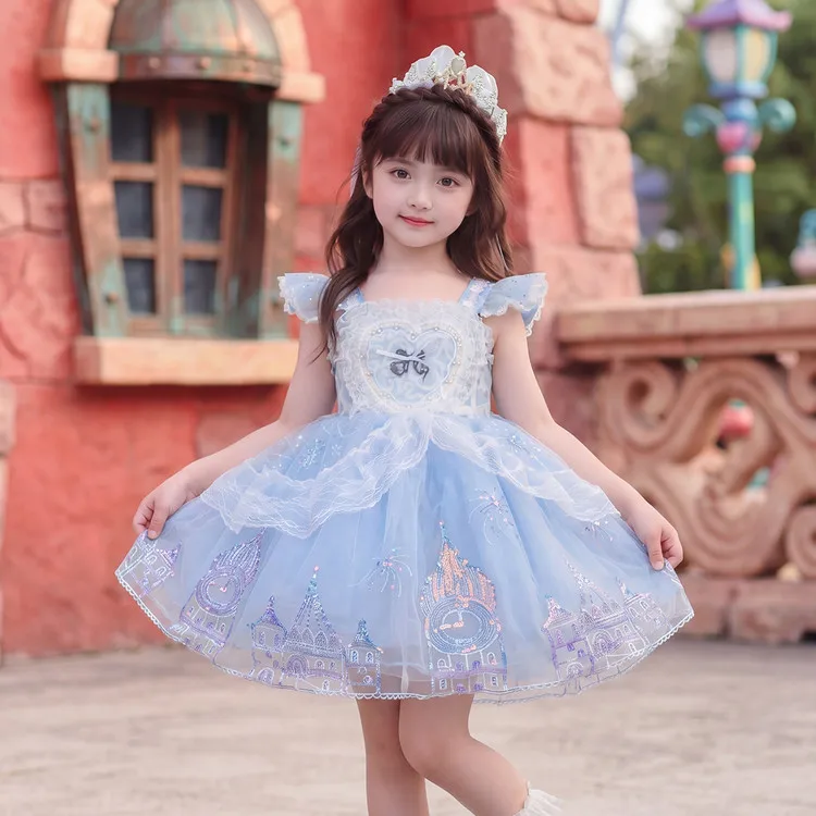 

Summer Princess Dress for Girls Baby Birthday Party Lace Skirt Long Sleeve Elastic Waist Medium Fit And Flare Style