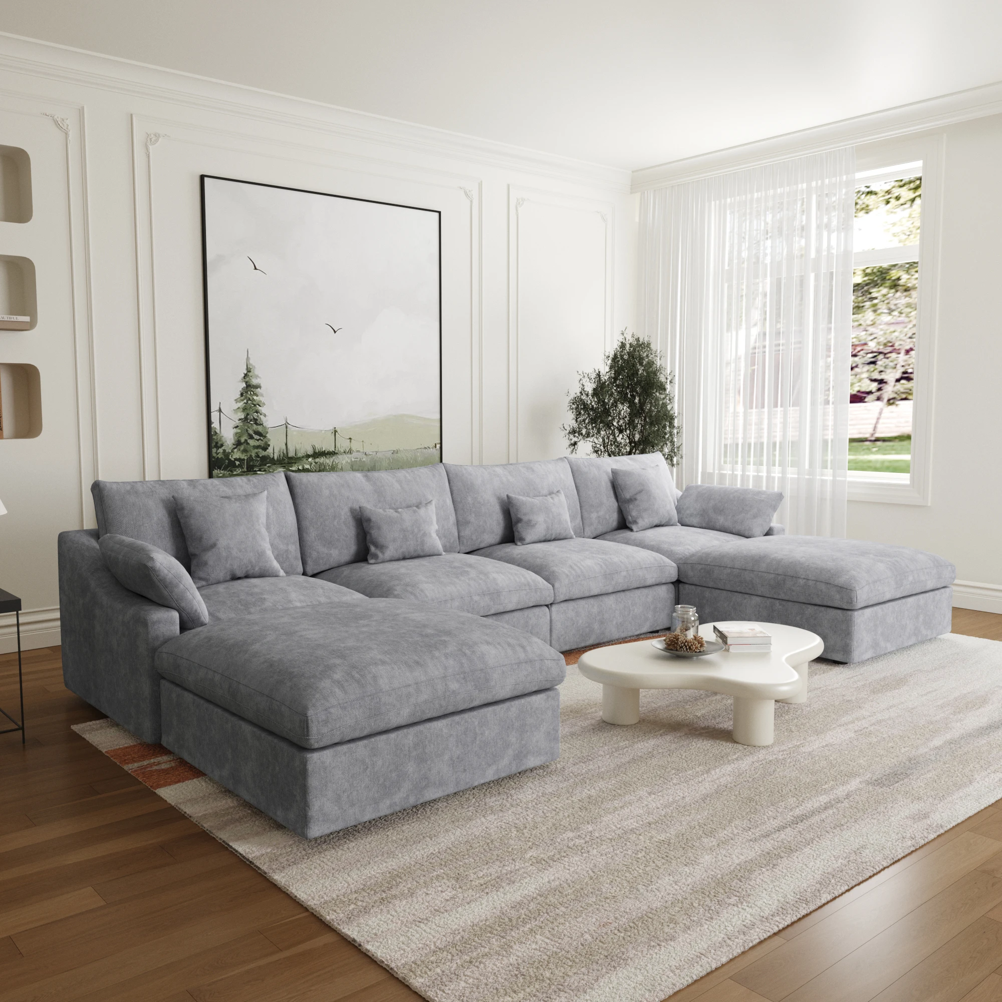 Sofa Modular Seksional untuk Ruang Tamu 160 inci, Sofa Cloud Isi Bulu Angsa Bentuk U dengan Ottoman, Sofa Modern 6 Dudukan yang Dapat Diubah