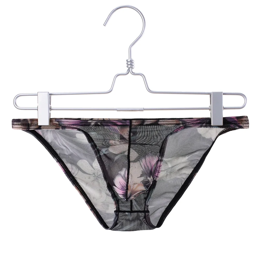 Men Printing See Through Mesh Breathable Underwear Low Rise Sexy Bikini Briefs Convex Pouch Panties Quick Drying Soft Underpants