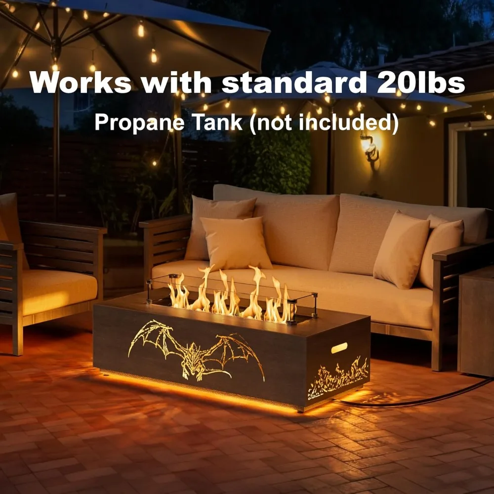 42 tavolo per braciere a propano da esterno illuminato a LED con 50.000 BTU, protezione antivento, coperchio, rocce e copertura per uso nel patio