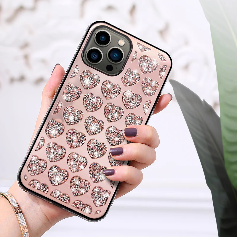 Love Glitter Mirror Phone Case for IPhone 16 15 Pro Max 12 13 Pro 14 Plus Diamond-encrusted Border Shiny PC Back Drop Hard Case