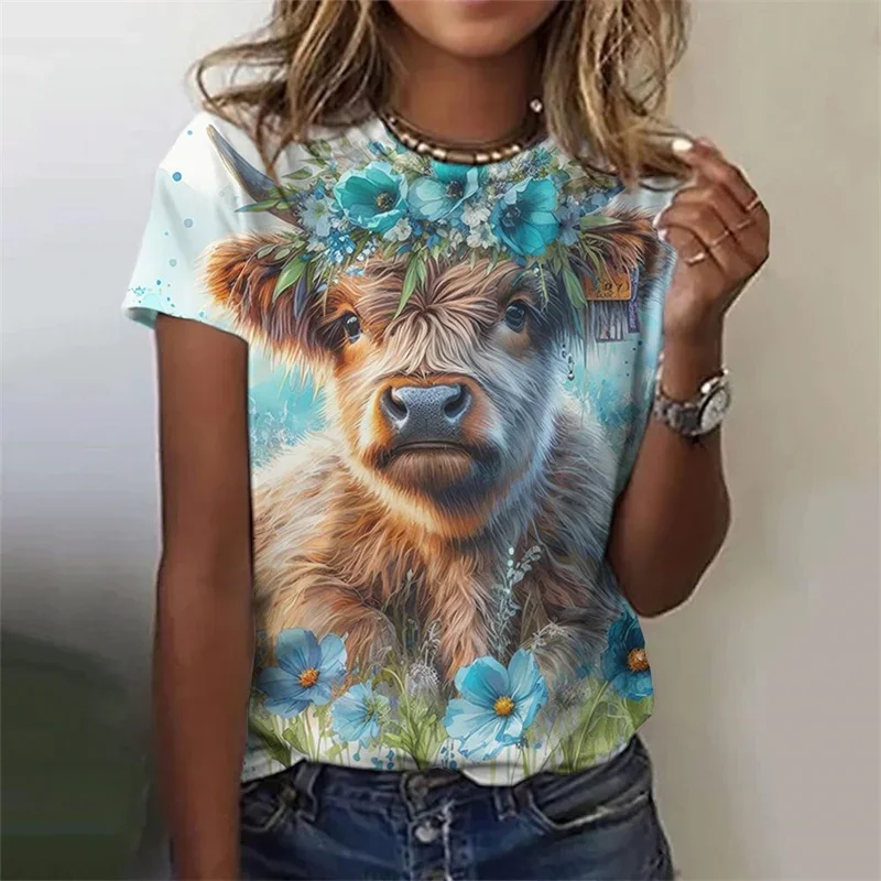 

Cute Cow Donkey Pattern T-Shirt for Women Flower Animals 3D Printed T Shirts Summer Fashion Street Tees O-Neck Tops Short Sleeve