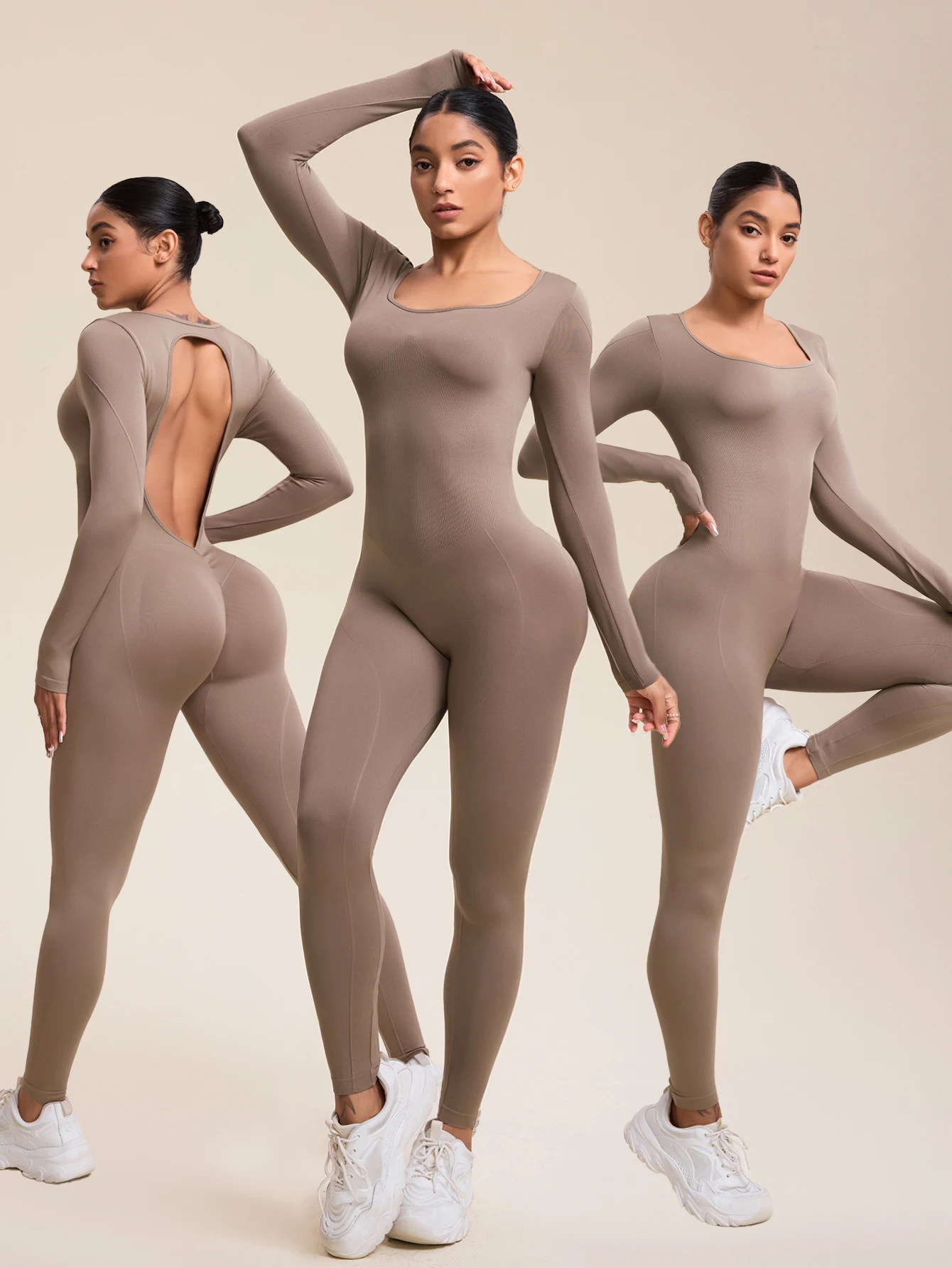 

Long Sleeve Jumpsuit for Women Workout V Back Bodysuit Lizvette Scrunch Leggings One Piece Romper Full Length Bodycon