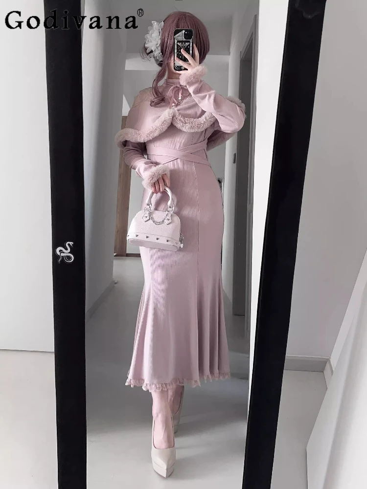 

Japanese Mine Mass-Produced Lo Knitted Cape Mermaid Dresses Op Autumn Winter New Women's Slim Elegant Off-Shoulder Lolita Dress