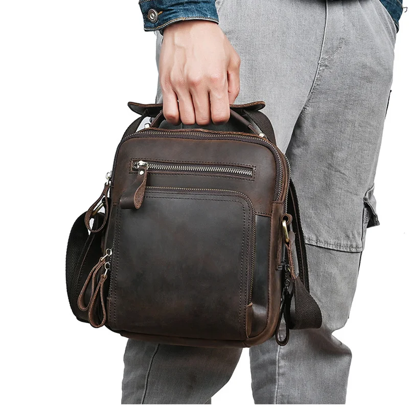 Leather Men Genuine Handbag Shoulder Cross body Sling Bag Retro Designer Crazy Horse Cowhide Male Tote Top Handle Messenger Bags