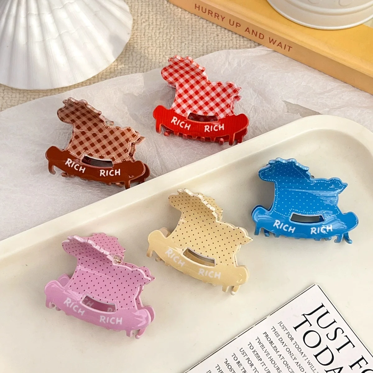 

1Pc Polka Dot Plaid hair clip women girl Cartoon pony design shark clip Headwear Ponytail styling hair accessory for Daily Wear