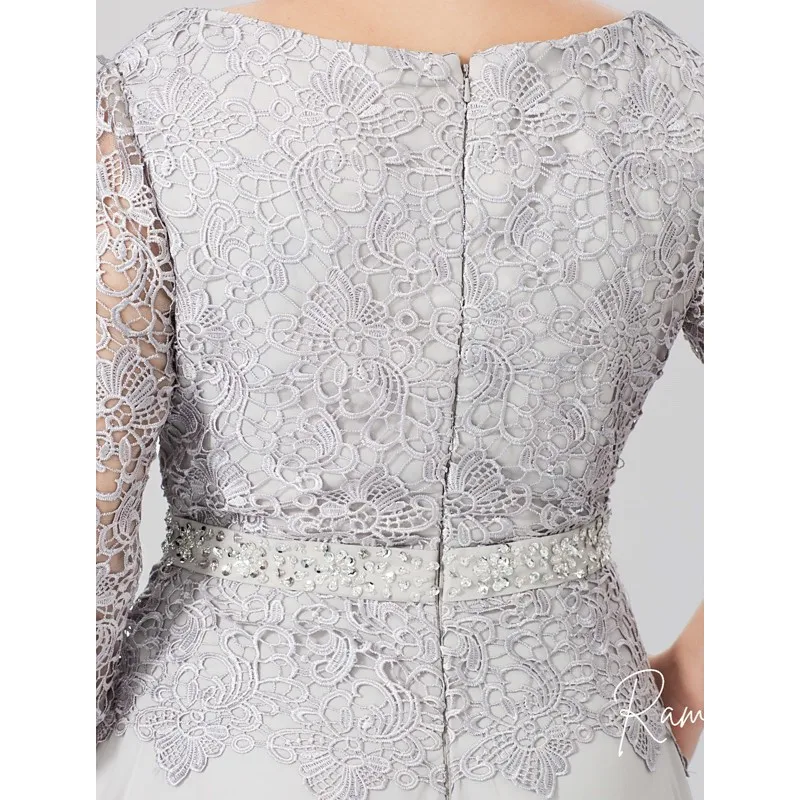 Customized Silver Grey Long Sleeve Floor-Length Dress with Lace Bodice Waistband Plus Size Mother of the Bride or Groom Dresses