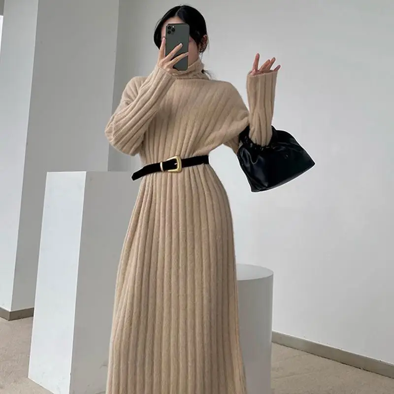 2024 New High Collar Sweater Dress for Women Autumn Winter Mid-length Retro Loose Casual Thick High-end Over-knee Knitted Dress