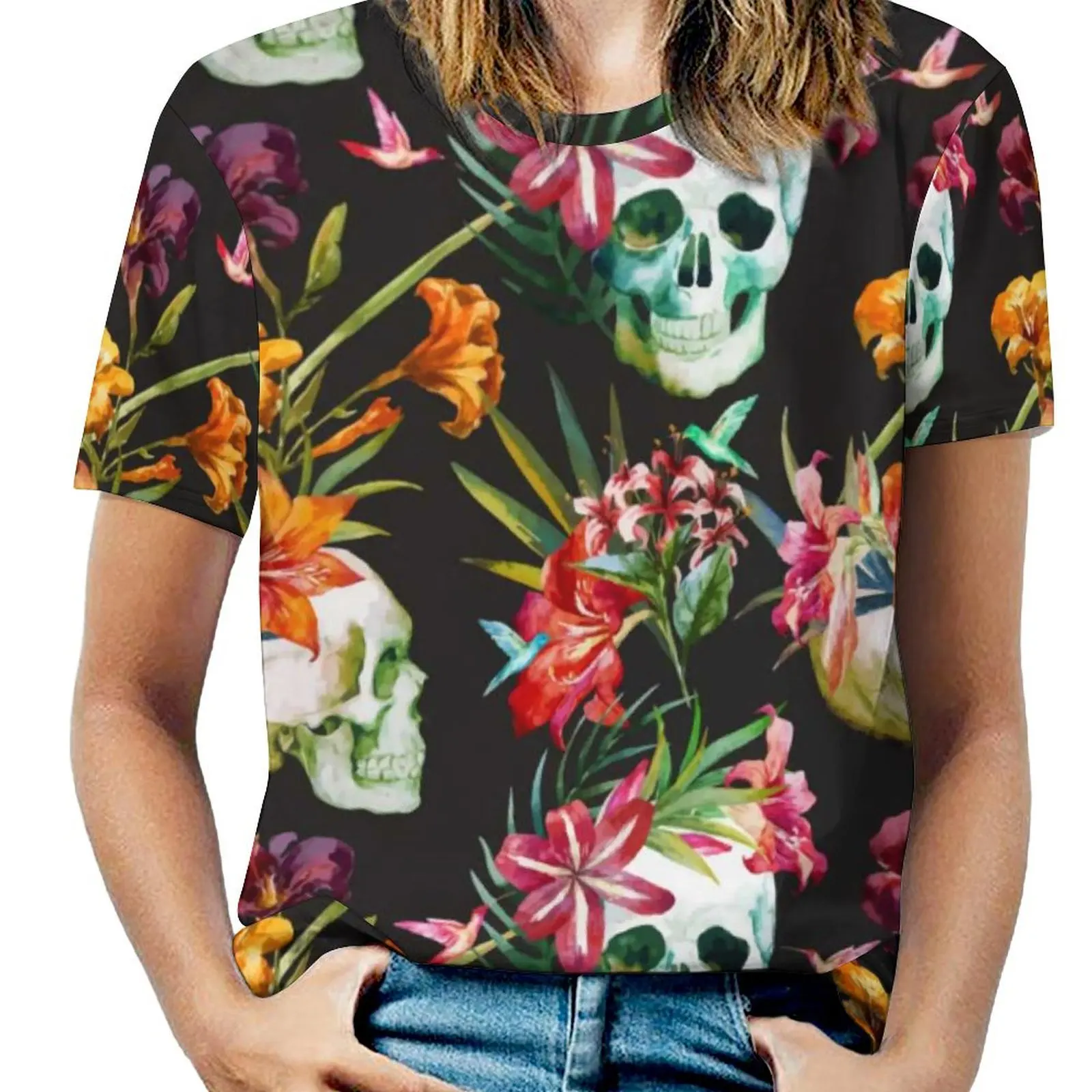 

Floral Skull Print T Shirt Halloween Spooky Scary Skulls Retro T-Shirts Short Sleeve Street Style Tshirt Summer Graphic Tops
