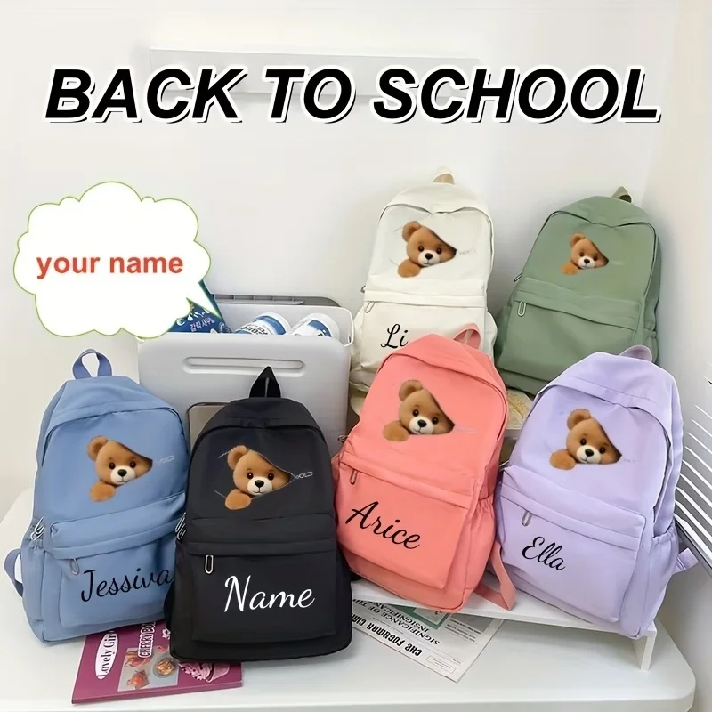 

This back-to-school casual and versatile large-capacity teddy bear print backpack features a personalized name and is suitable f