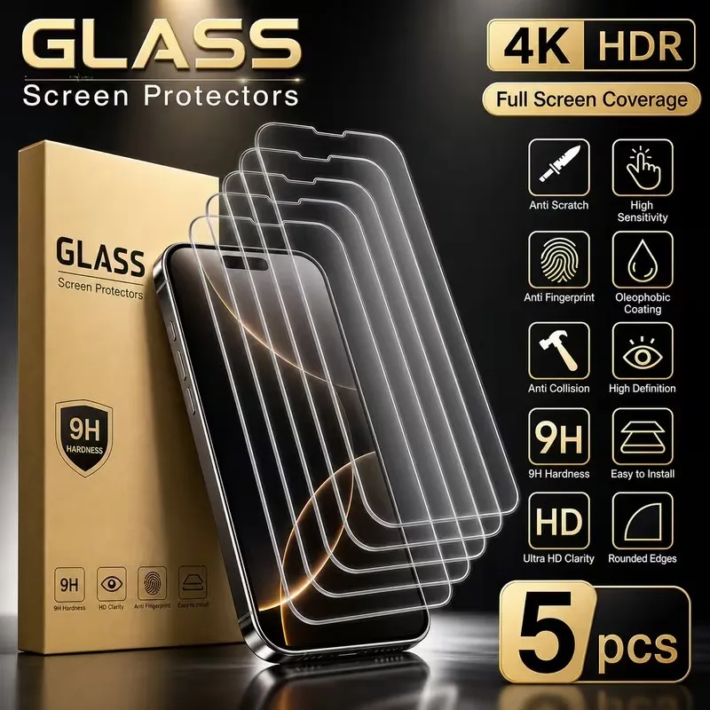5Pcs Tempered Glass For iPhone 17 14 13 12 11 15 16 Pro Max Screen Protector For iPhone XR X XS 16 14 15 Plus Protective Glass