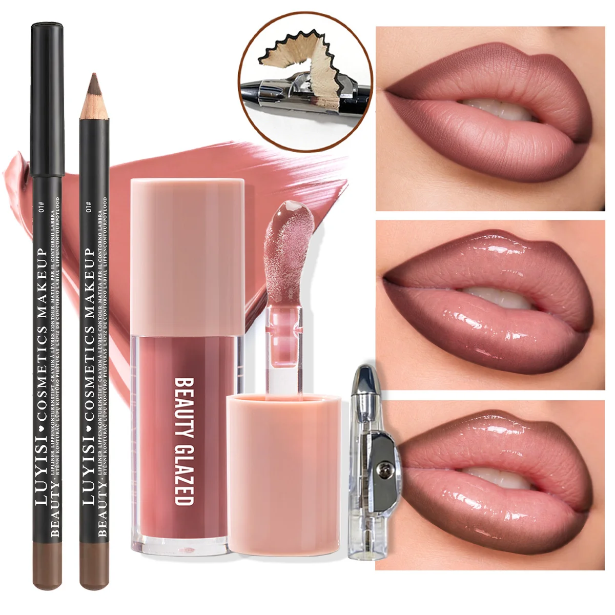 3pcs/set Daily Lip Beauty Set – 1 Blendable Lip Liners, 1 Moisturizing Lip Gloss&1 Pencil Sharpener – Soft Long-Lasting Lip Kit