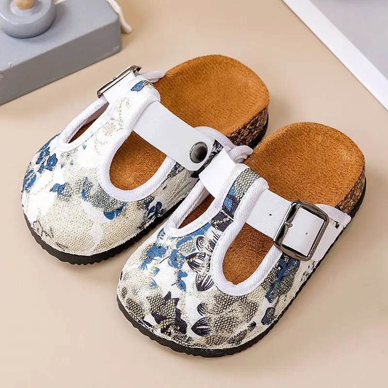 Childrens 2026 Spring Autumn Retro Cork Slip On Mules Closed Toe Semi Slide Fashion Shoes for Boys and Girls
