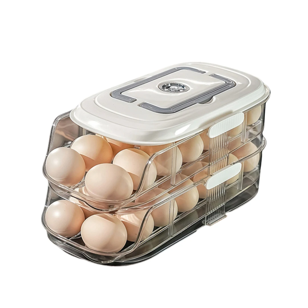 Egg storage box with automatic slide and transparent design for refrigerator side door kitchen egg rack stackable space saver