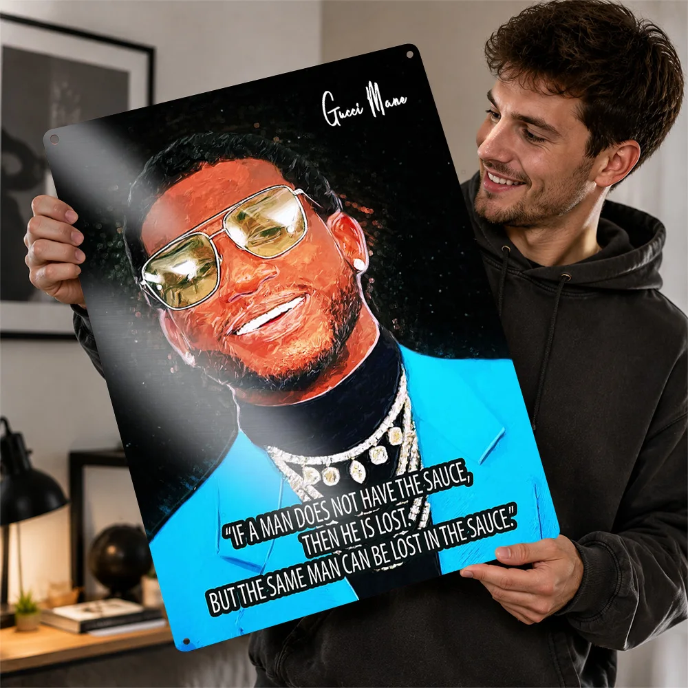 Gucci Mane Blue Jacket Portrait Aluminum Poster Painterly Wall Art For Music Studio Personalized Metal Sign Concertgoer Gift