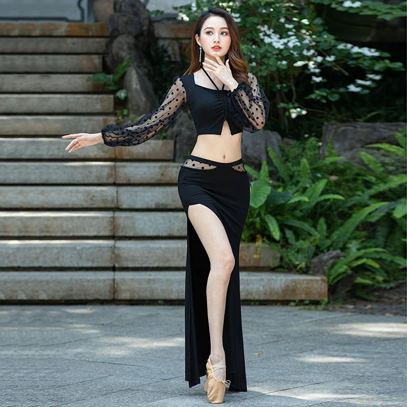 

Oriental Dance Girl Sexy Dance Dress Long Sleeve Top+Split Dress Women's Dance Studio Practice Dress belly dance Dress Set