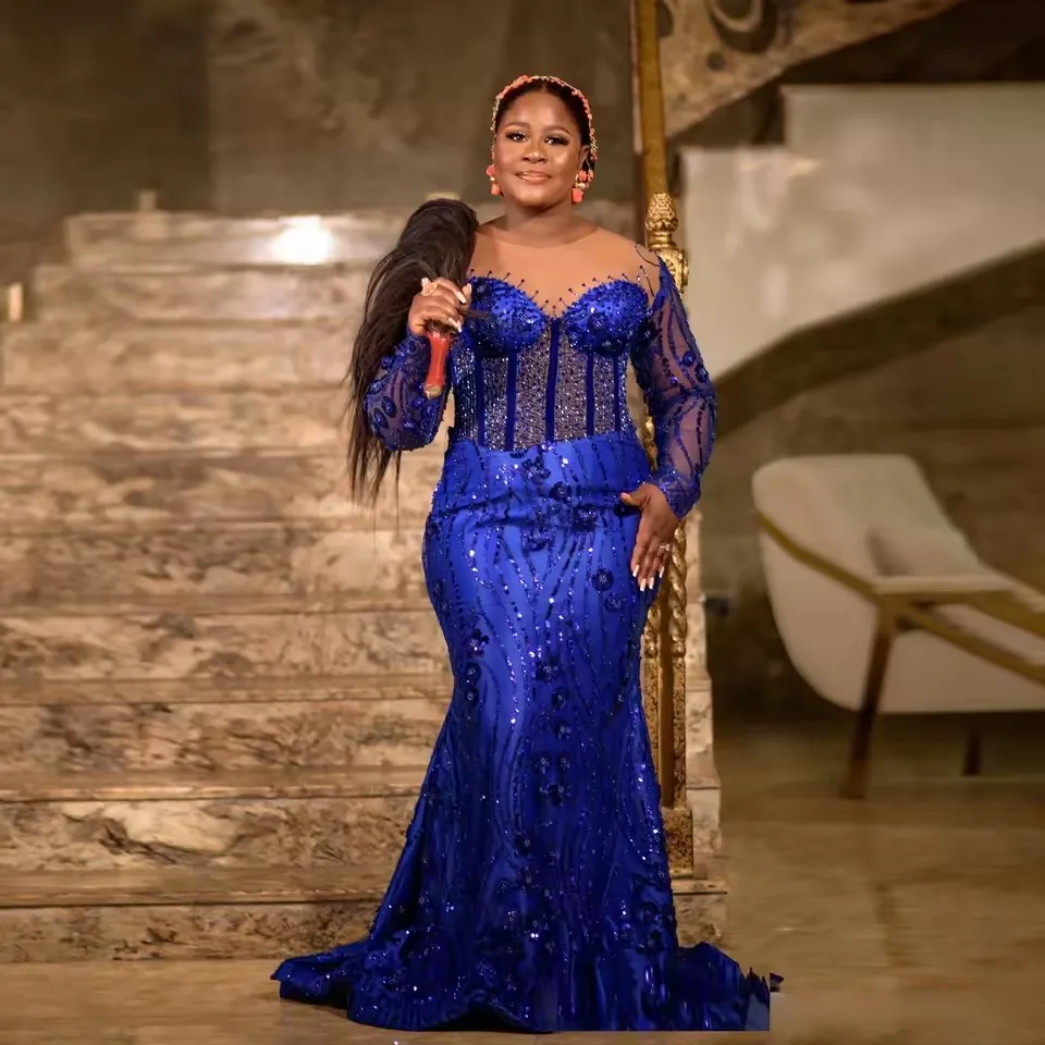 カスタマイズされたロイヤルブルーのイブニングドレスゴージャスなビーズスパンコール女性フォーマルウェディングパーティードレスマーメイド長袖プラスサイズ