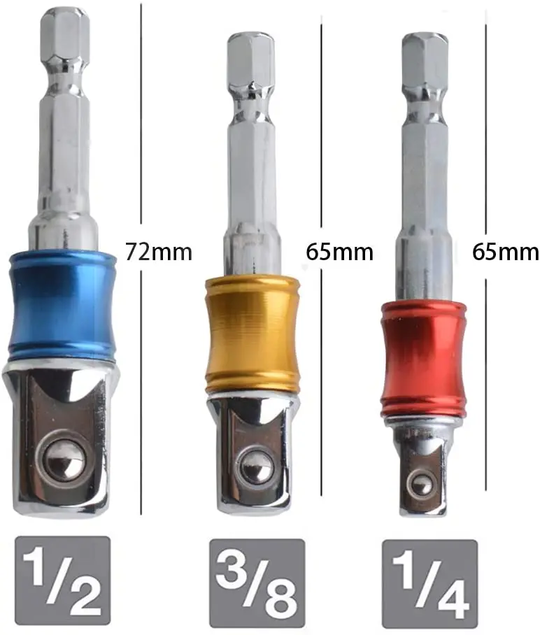 3 Tác Động Ổ Cắm Adapter 1/4 "3/8" 1/2 "Inch Dr Nối Dài Chuôi Lục Giác Điện Ô Tô Khoan Khớp nối Dài Hạt Lái Xe