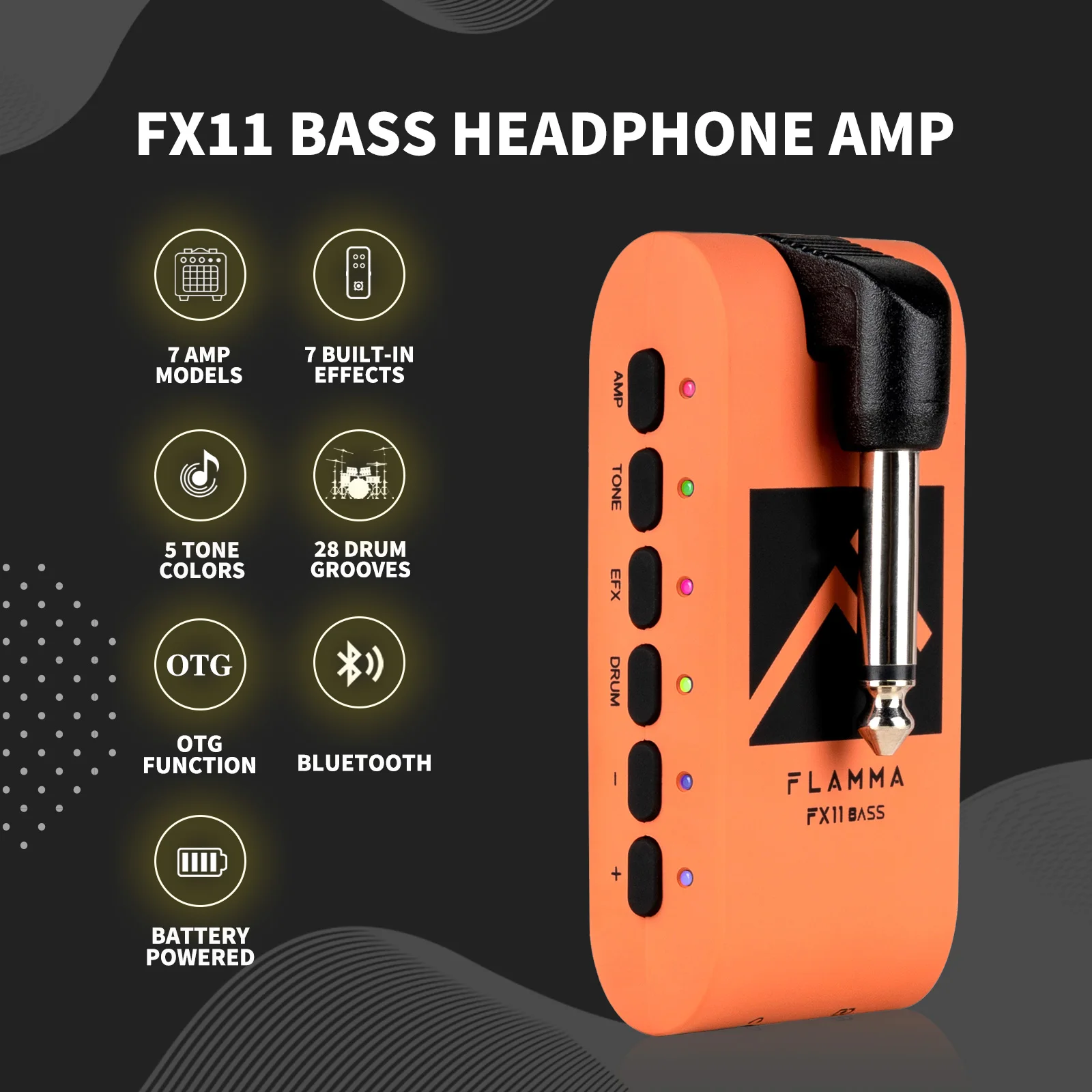 FLAMMA Bass Headphone Amp Portable Modeling Headphone Amplifier with 28 Drum Grooves 7 Amp Models Built-in Effects 5 Tone Color